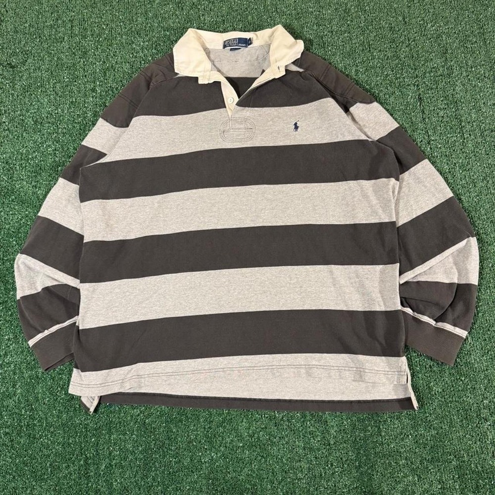 Polo Ralph Lauren Striped Rugby Shirt Mens XL Black Grey Long Sleeve Y2K 0220
